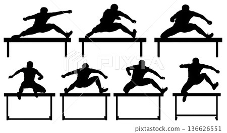 Black Solid Male Hurdle Athlete Silhouettes Set of Six on White Background 136626551