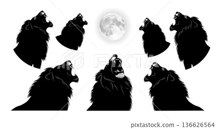 Black Solid Moon Roaring Lion Silhouettes Set of Six on White Background 136626564
