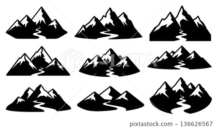 Black Solid Narrow Stream Mountain Silhouettes Set of Six on White Background Black Solid Narrow Stream Mountain Silhouettes Set of Six on White Background 136626567