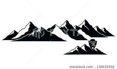 Black Solid National Park Mountain Silhouettes Set of Six on White Background Black Solid National Park Mountain Silhouettes Set of Six on White Background 136626568