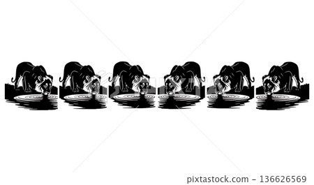 Black Solid Natural Spring Lion Silhouettes Set of Six on White Background 136626569