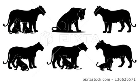 Black Solid Nursing Lioness Silhouettes Set of Six on White Background Black Solid Nursing Lioness Silhouettes Set of Six on White Background 136626571