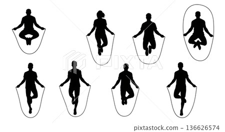 Black Solid One Leg Jump Rope Silhouettes Set of Six on White Background 136626574