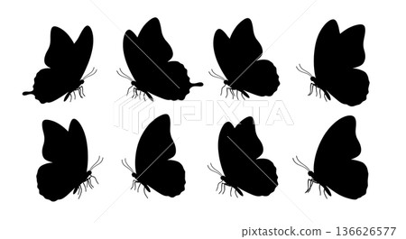 Black Solid Partially Closed Butterfly Silhouettes Set of Six on White Background Black Solid Partially Closed Butterfly Silhouettes Set of Six on White Background 136626577