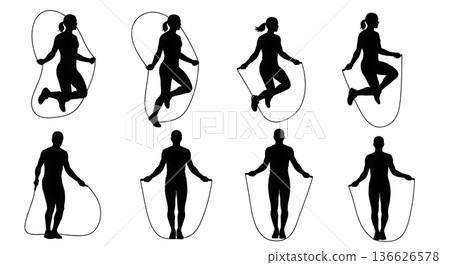 Black Solid Partner Jump Rope Silhouettes Set of Six on White Background Black Solid Partner Jump Rope Silhouettes Set of Six on White Background 136626578