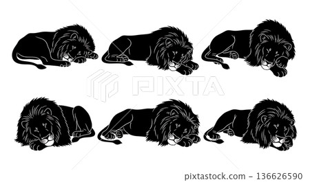 Black Solid Peaceful Slumber Lion Silhouettes Set of Six on White Background Black Solid Peaceful Slumber Lion Silhouettes Set of Six on White Background 136626590