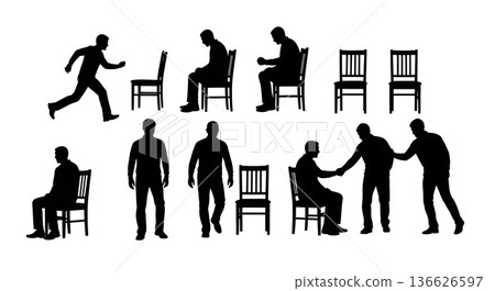 Black Solid People Playing Musical Chairs Silhouettes Set of Six on White Background 136626597