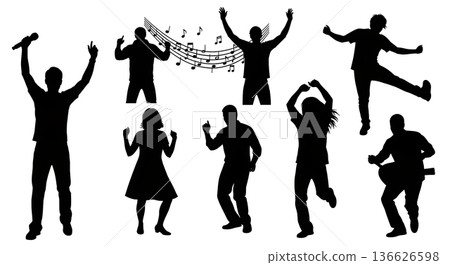 Black Solid People Music and Dancing Silhouettes Set of Six on White Background Black Solid People Music and Dancing Silhouettes Set of Six on White Background 136626598