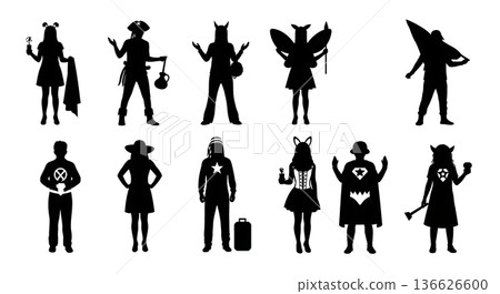 Black Solid People in Party Costumes Silhouettes Set of Six on White Background 136626600