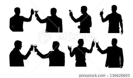 Black Solid People Toasting with Drinks Silhouettes Set of Six on White Background 136626603