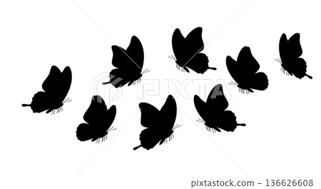 Black Solid Playful Chase Butterfly Silhouettes Set of Six on White Background Black Solid Playful Chase Butterfly Silhouettes Set of Six on White Background 136626608