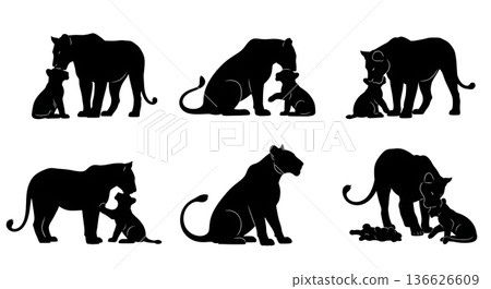 Black Solid Lioness with Playful Cub Silhouettes Set of Six on White Background 136626609