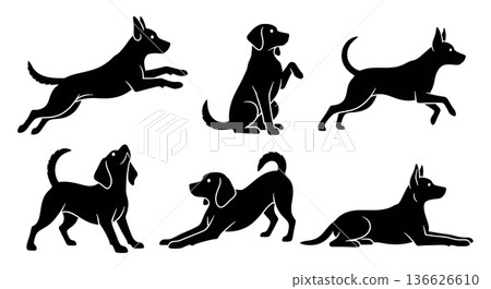 Black Solid Playful Dog Stances Silhouettes Set of Six on White Background 136626610
