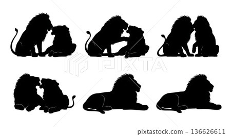 Black Solid Playful Mate Lion Silhouettes Set of Six on White Background Black Solid Playful Mate Lion Silhouettes Set of Six on White Background 136626611