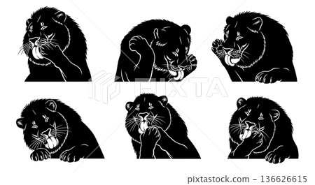 Black Solid Post-Feast Groom Lion Silhouettes Set of Six on White Background Black Solid Post-Feast Groom Lion Silhouettes Set of Six on White Background 136626615