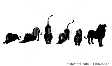 Black Solid Post-Nap Stretch Lion Silhouettes Set of Six on White Background Black Solid Post-Nap Stretch Lion Silhouettes Set of Six on White Background 136626616