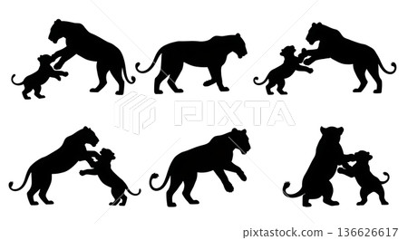 Black Solid Lioness Teaching Cubs to Pounce Silhouettes Set of Six on White Background Black Solid Lioness Teaching Cubs to Pounce Silhouettes Set of Six on White Background 136626617