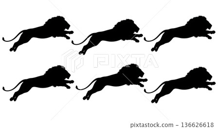 Black Solid Pouncing Lion Silhouettes Set of Six on White Background Black Solid Pouncing Lion Silhouettes Set of Six on White Background 136626618