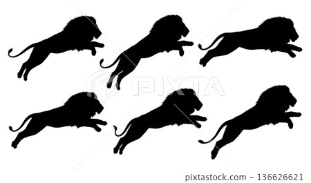 Black Solid Powerful Jump Lion Silhouettes Set of Six on White Background Black Solid Powerful Jump Lion Silhouettes Set of Six on White Background 136626621