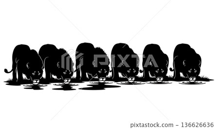 Black Solid Puddle Drink Lion Silhouettes Set of Six on White Background 136626636
