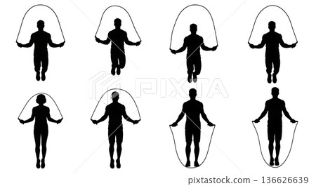 Black Solid Quick Workout Jump Rope Silhouettes Set of Six on White Background Black Solid Quick Workout Jump Rope Silhouettes Set of Six on White Background 136626639