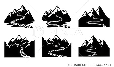 Black Solid Railway Mountain Silhouettes Set of Six on White Background Black Solid Railway Mountain Silhouettes Set of Six on White Background 136626643