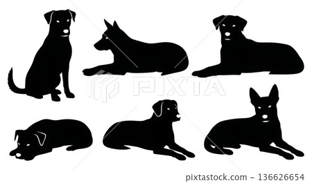 Black Solid Resting Dog Positions Silhouettes Set of Six on White Background Black Solid Resting Dog Positions Silhouettes Set of Six on White Background 136626654