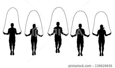 Black Solid Rhythm Focus Jump Rope Silhouettes Set of Six on White Background 136626656