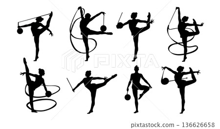 Black Solid Rhythmic Gymnast with Props Silhouettes Set of Six on White Background 136626658