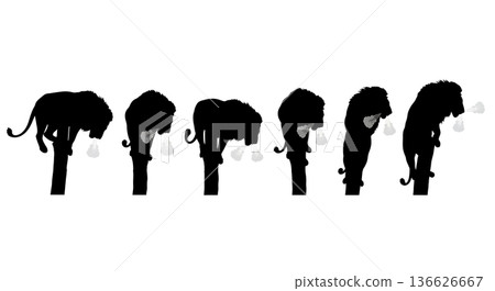 Black Solid Rubbing Mark Lion Silhouettes Set of Six on White Background Black Solid Rubbing Mark Lion Silhouettes Set of Six on White Background 136626667