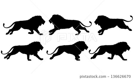 Black Solid Running Lion Silhouettes Set of Six on White Background 136626670