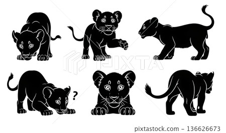 Black Solid Lion Cub Exploring New Scent Silhouettes Set of Six on White Background Black Solid Lion Cub Exploring New Scent Silhouettes Set of Six on White Background 136626673