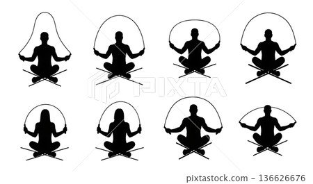 Black Solid Seated Jump Rope Silhouettes Set of Six on White Background Black Solid Seated Jump Rope Silhouettes Set of Six on White Background 136626676