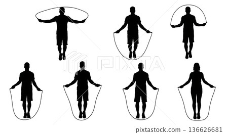 Black Solid Side Swing Jump Rope Silhouettes Set of Six on White Background 136626681