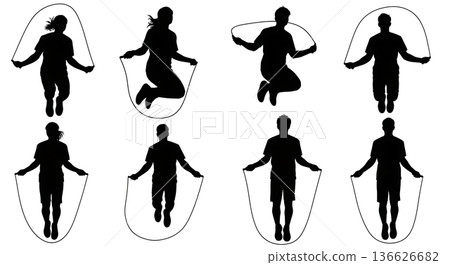 Black Solid Single Arm Rotation Jump Rope Silhouettes Set of Six on White Background 136626682