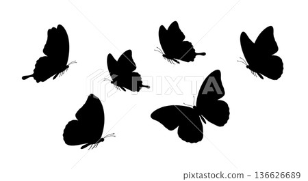 Black Solid Slow Deliberate Butterfly Silhouettes Set of Six on White Background 136626689