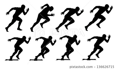 Black Solid Sprint Start Burst Silhouettes Set of Six on White Background Black Solid Sprint Start Burst Silhouettes Set of Six on White Background 136626715
