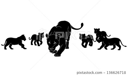 Black Solid Lioness Teaching Cubs to Stalk Silhouettes Set of Six on White Background Black Solid Lioness Teaching Cubs to Stalk Silhouettes Set of Six on White Background 136626718