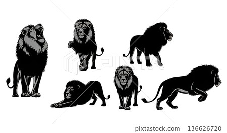Black Solid Standing Lion Silhouettes Set of Six on White Background Black Solid Standing Lion Silhouettes Set of Six on White Background 136626720