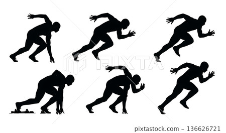 Black Solid Standing Start Stances Silhouettes Set of Six on White Background Black Solid Standing Start Stances Silhouettes Set of Six on White Background 136626721