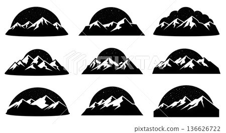 Black Solid Starry Night Mountain Silhouettes Set of Six on White Background Black Solid Starry Night Mountain Silhouettes Set of Six on White Background 136626722