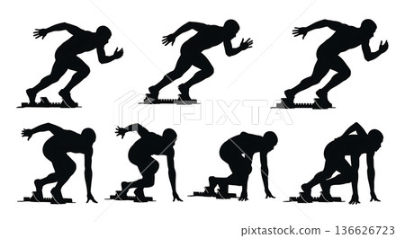 Black Solid Starting Blocks Ready Silhouettes Set of Six on White Background Black Solid Starting Blocks Ready Silhouettes Set of Six on White Background 136626723