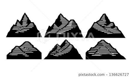 Black Solid Stepped Terraces Mountain Silhouettes Set of Six on White Background Black Solid Stepped Terraces Mountain Silhouettes Set of Six on White Background 136626727