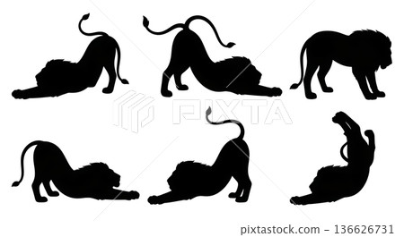 Black Solid Stretching Lion Silhouettes Set of Six on White Background Black Solid Stretching Lion Silhouettes Set of Six on White Background 136626731