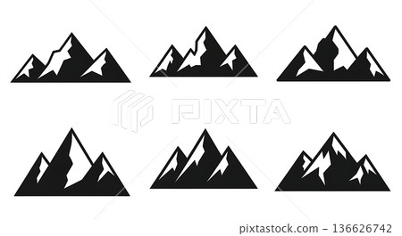 Black Solid Stylized Mountain Silhouettes Set of Six on White Background Black Solid Stylized Mountain Silhouettes Set of Six on White Background 136626742