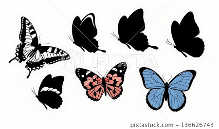 Black Solid Stylized Wing Butterfly Silhouettes Set of Six on White Background Black Solid Stylized Wing Butterfly Silhouettes Set of Six on White Background 136626743