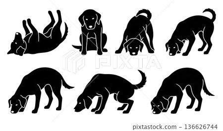 Black Solid Submissive Dog Poses Silhouettes Set of Six on White Background 136626744