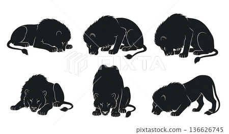Black Solid Submissive Lion Silhouettes Set of Six on White Background 136626745