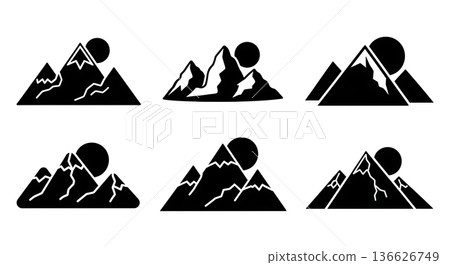 Black Solid Sun Disk Mountain Silhouettes Set of Six on White Background Black Solid Sun Disk Mountain Silhouettes Set of Six on White Background 136626749