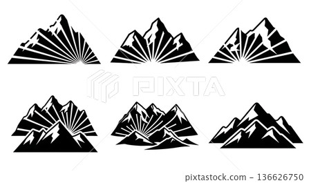 Black Solid Sun Rays Mountain Silhouettes Set of Six on White Background Black Solid Sun Rays Mountain Silhouettes Set of Six on White Background 136626750